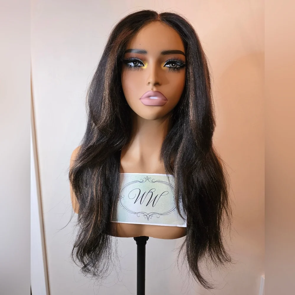 Natural Black Chestnut Highlight Yaki Straight Human Hair Wig - Picture 1 of 11